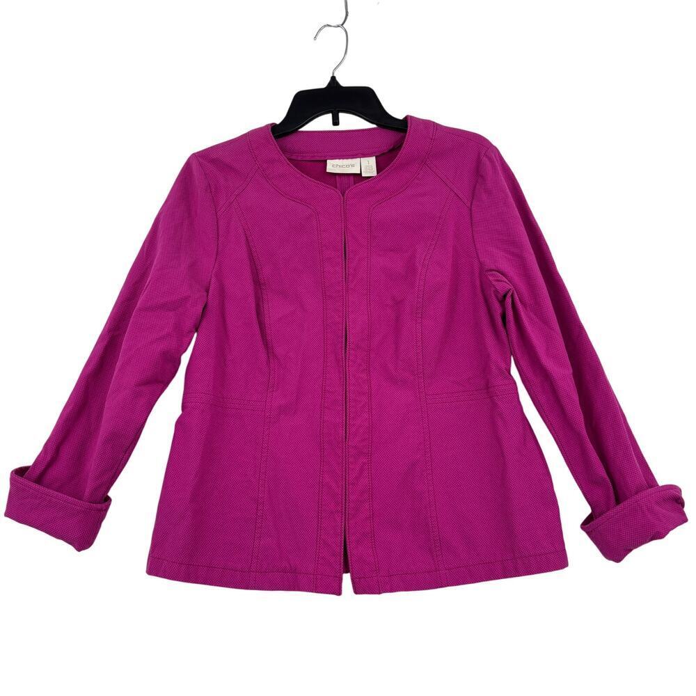 Chico's Blazer Jacket Size M Fuchsia Pink Textured Stretch Hook Eye Closures